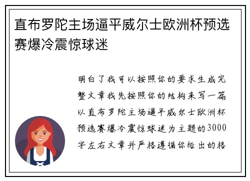 直布罗陀主场逼平威尔士欧洲杯预选赛爆冷震惊球迷 直布罗陀主场逼平威尔士欧洲杯预选赛爆冷震惊球迷