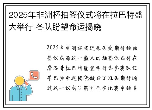 2025年非洲杯抽签仪式将在拉巴特盛大举行 各队盼望命运揭晓 2025年非洲杯抽签仪式将在拉巴特盛大举行 各队盼望命运揭晓