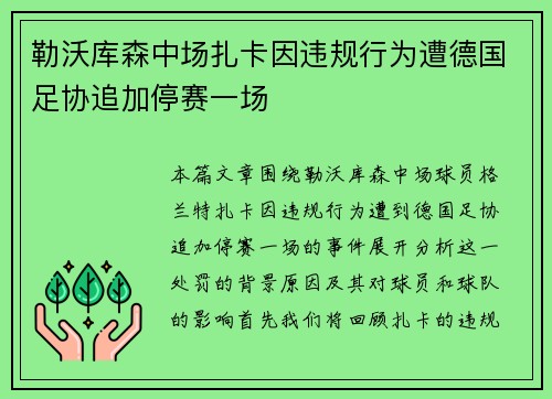 勒沃库森中场扎卡因违规行为遭德国足协追加停赛一场 勒沃库森中场扎卡因违规行为遭德国足协追加停赛一场