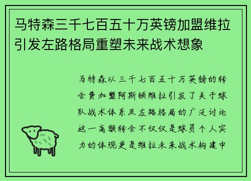 马特森三千七百五十万英镑加盟维拉引发左路格局重塑未来战术想象